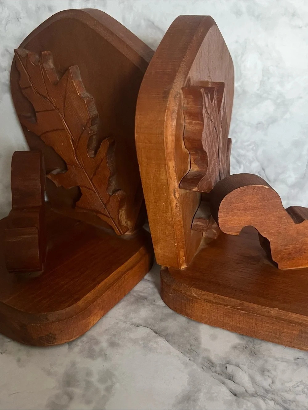 Handcrafted Brown Wooden Book Ends Leaf Accent